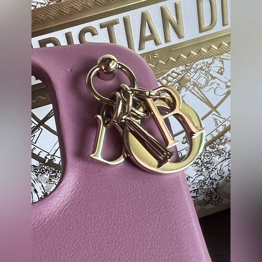 EUC Lady DIOR IPhone 14 Pro Case Pink Leather Charms Pocket Suede Lined Interior